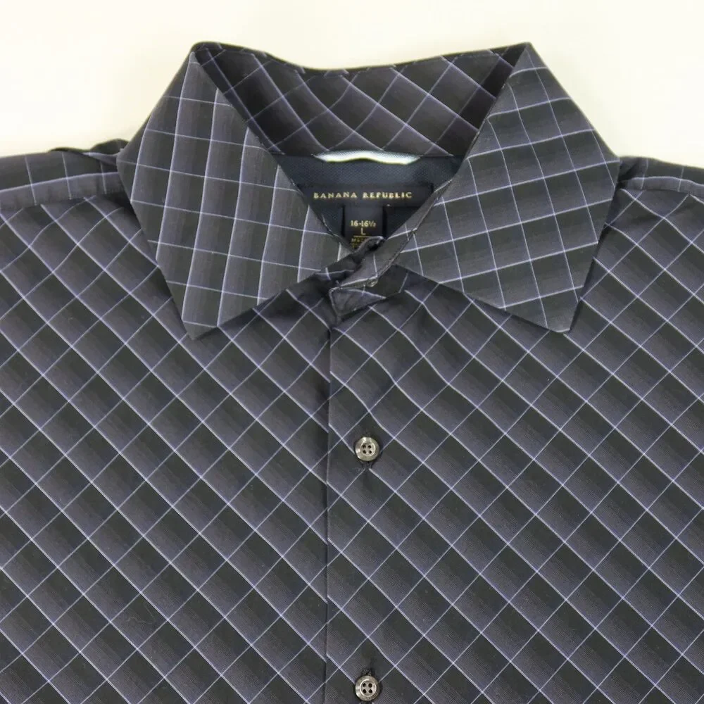 Banana Republic Dress Shirt Men's Size Large French Cuffs Black with Blue Check